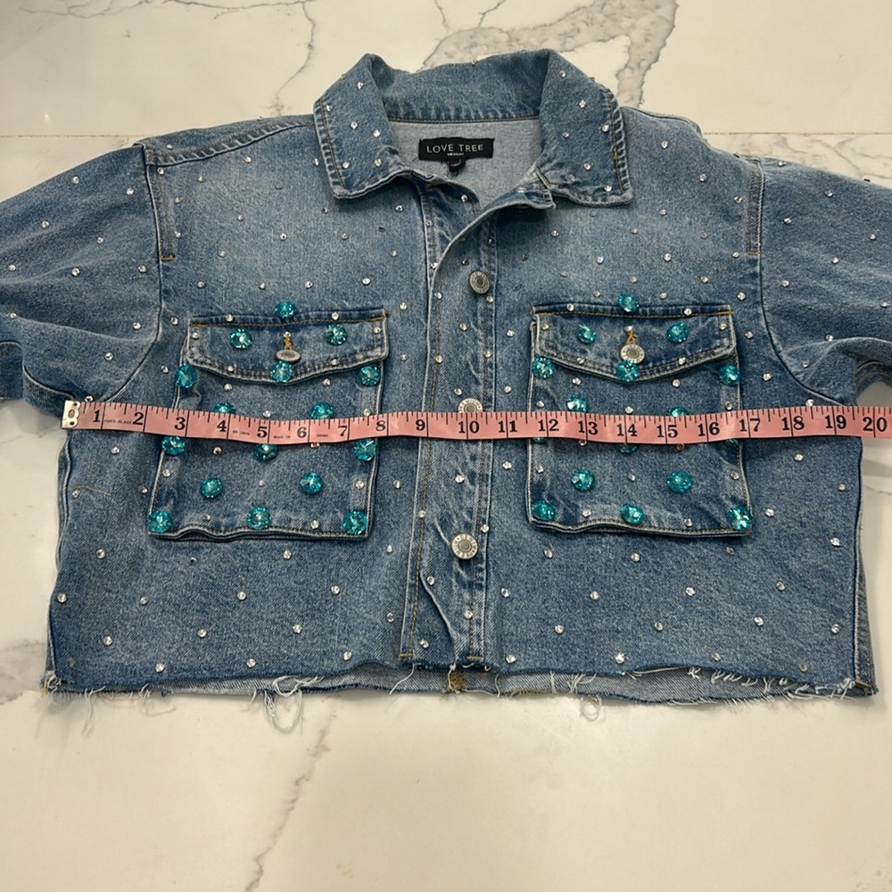 Custom Made Evil Eye New With Tags Love Tree Bling Denim Cut off Jacket. Size M - Picture 14 of 17